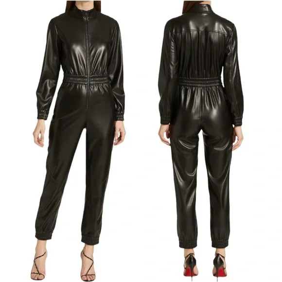 Alice + Olivia | NWOT Black Levi Vegan Leather Jumpsuit - Size US 2 - Picture 1 of 11